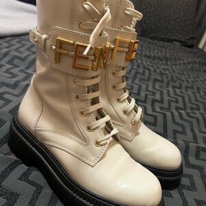Fendi Women's White Combat Boots with Gold Accents